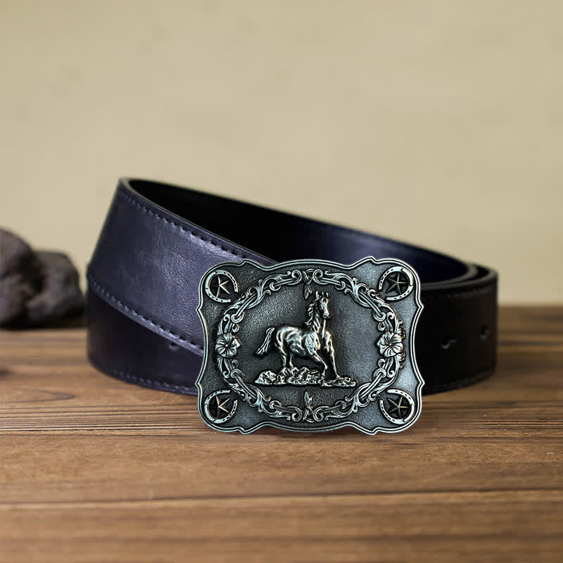 Men's DIY Wild Running Horse Buckle Leather Belt - Antique Silver - Black PU Belt (40) - image 4