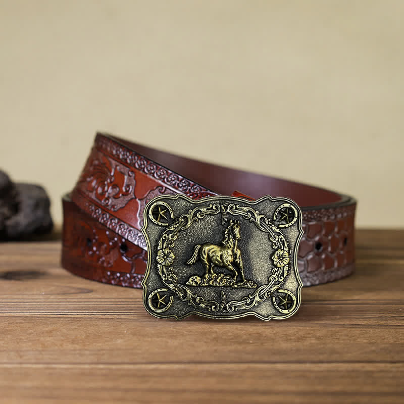 Men's DIY Wild Running Horse Buckle Leather Belt - Antique Bronze - Brown Carved Belt (40) - image 13