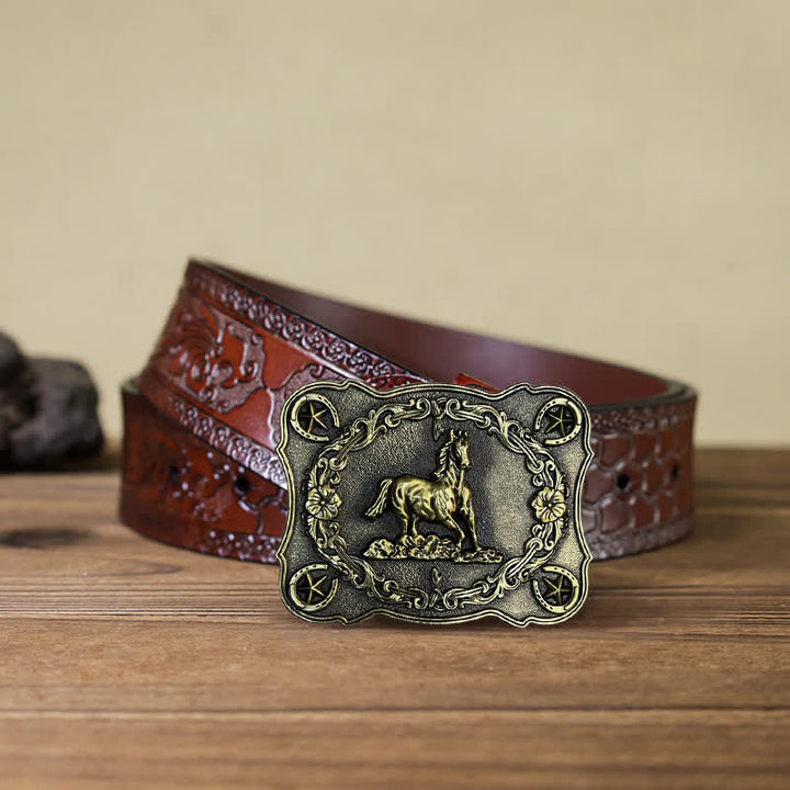 Men's DIY Wild Running Horse Buckle Leather Belt - Antique Bronze - Brown Carved Belt (40) - image 13