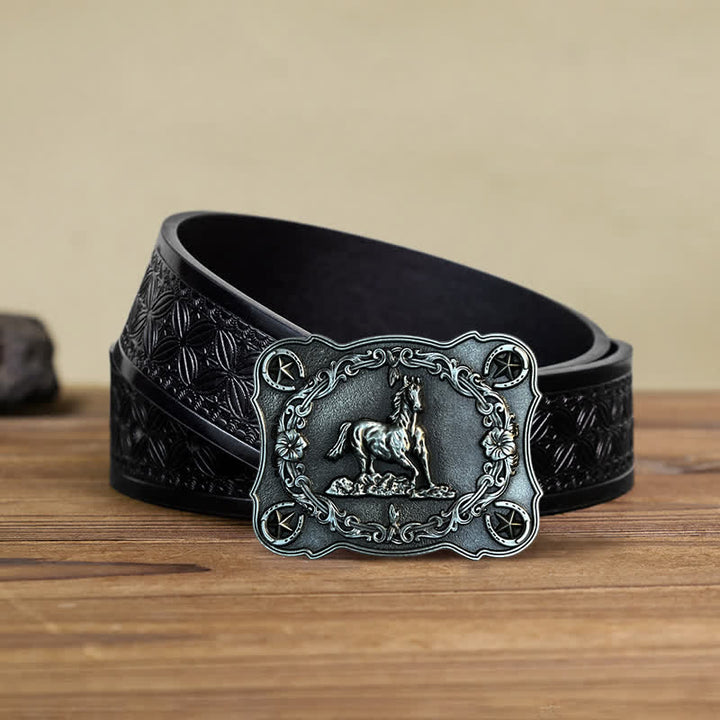 Men's DIY Wild Running Horse Buckle Leather Belt - Antique Silver - Black Embossed Weave Belt (40) - image 8