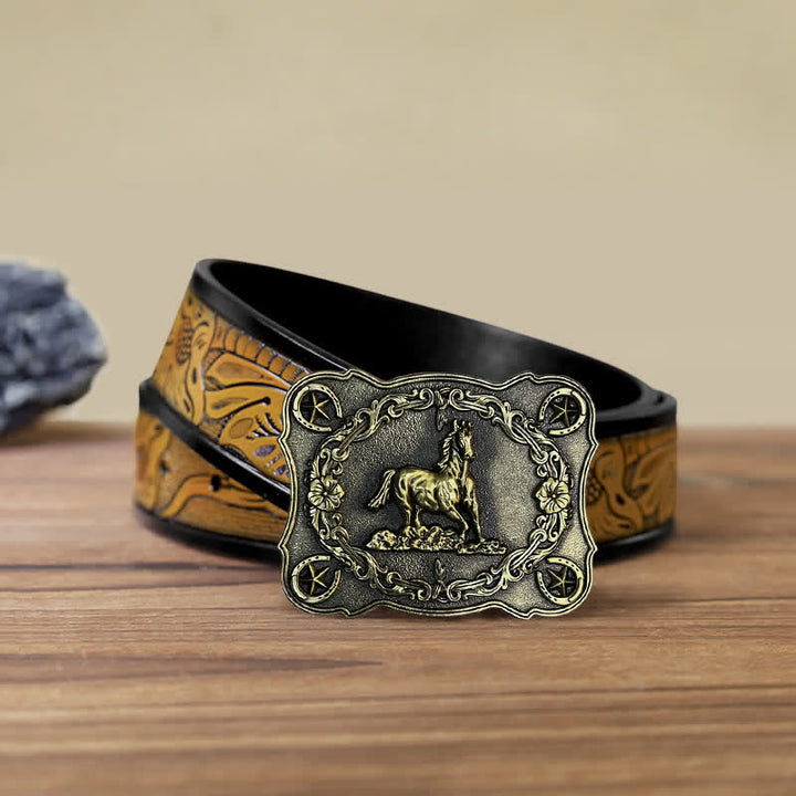 Men's DIY Wild Running Horse Buckle Leather Belt - Antique Bronze - SandyBrown Belt (40) - image 15