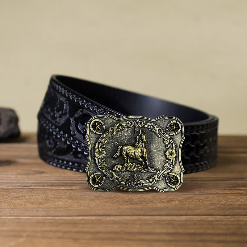 Men's DIY Wild Running Horse Buckle Leather Belt - Antique Bronze - Black Carved Belt (40) - image 11