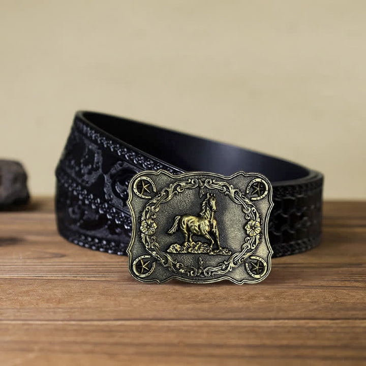 Men's DIY Wild Running Horse Buckle Leather Belt - Antique Bronze - Black Carved Belt (40) - image 11