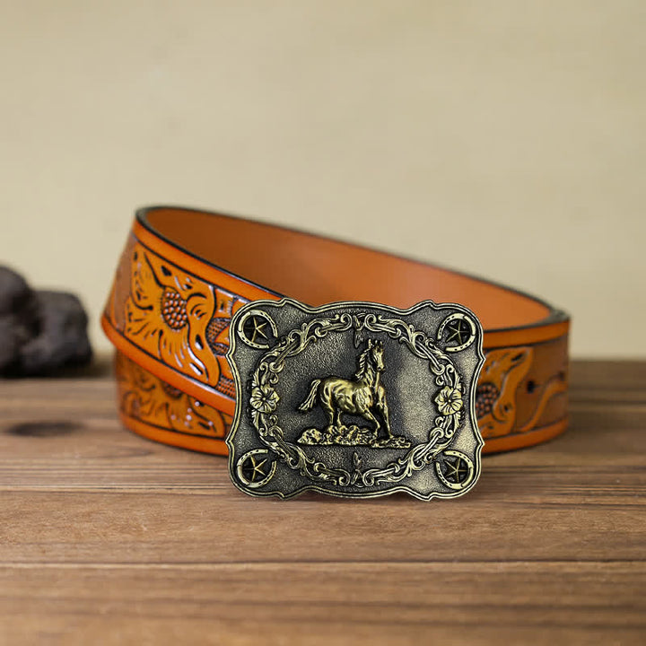 Men's DIY Wild Running Horse Buckle Leather Belt - Antique Bronze - Orange Carved Belt (40) - image 17
