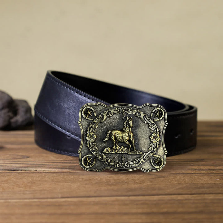 Men's DIY Wild Running Horse Buckle Leather Belt - Antique Bronze - Black PU Belt (40) - image 5