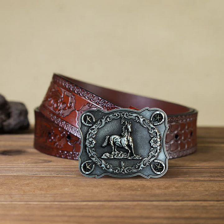 Men's DIY Wild Running Horse Buckle Leather Belt - Antique Silver - Brown Carved Belt (40) - image 12