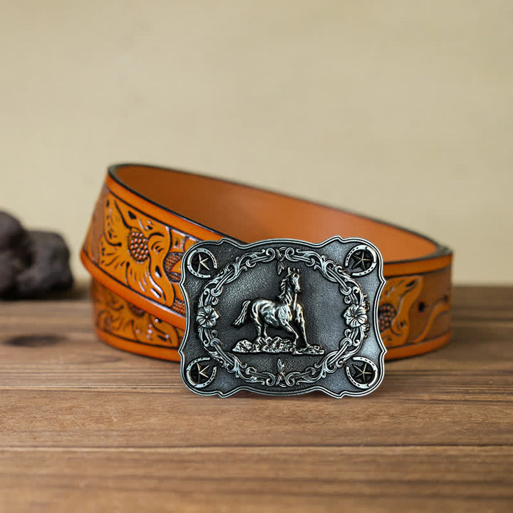 Men's DIY Wild Running Horse Buckle Leather Belt - Antique Silver - Orange Carved Belt (40) - image 16
