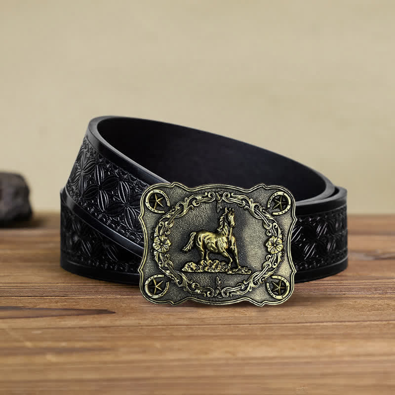 Men's DIY Wild Running Horse Buckle Leather Belt - Antique Bronze - Black Embossed Weave Belt (40) - image 9