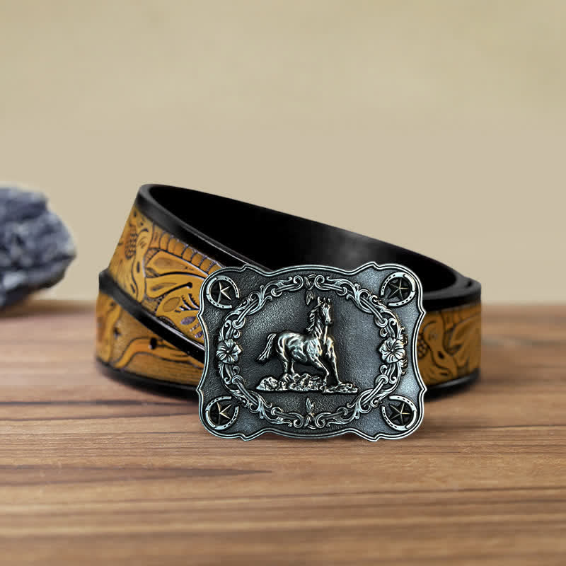 Men's DIY Wild Running Horse Buckle Leather Belt - Antique Silver - SandyBrown Belt (40) - image 14