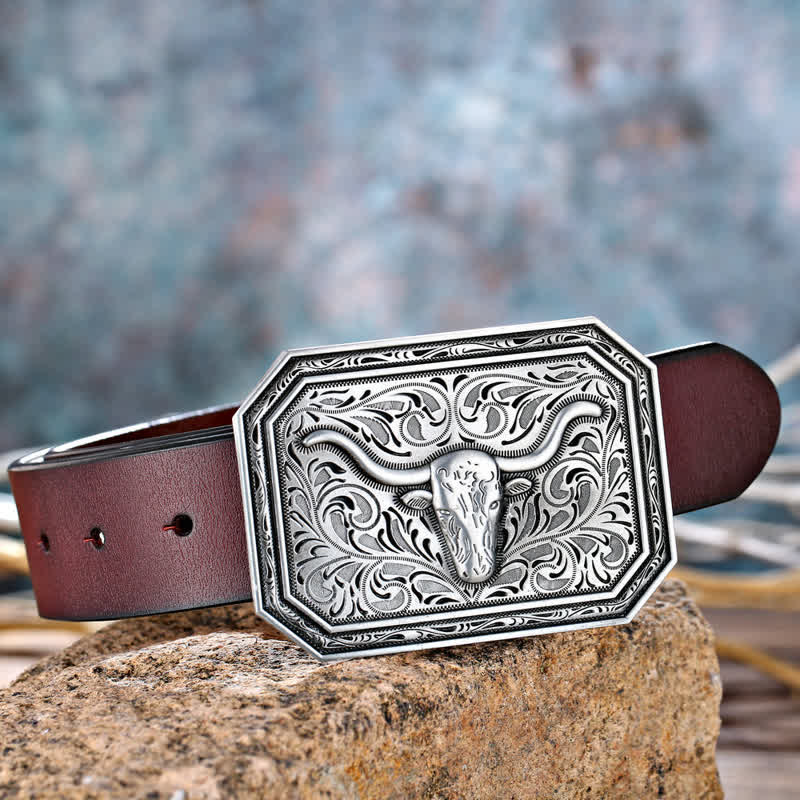 Men's DIY Simple Longhorn Bull Head Buckle Leather Belt - image 1