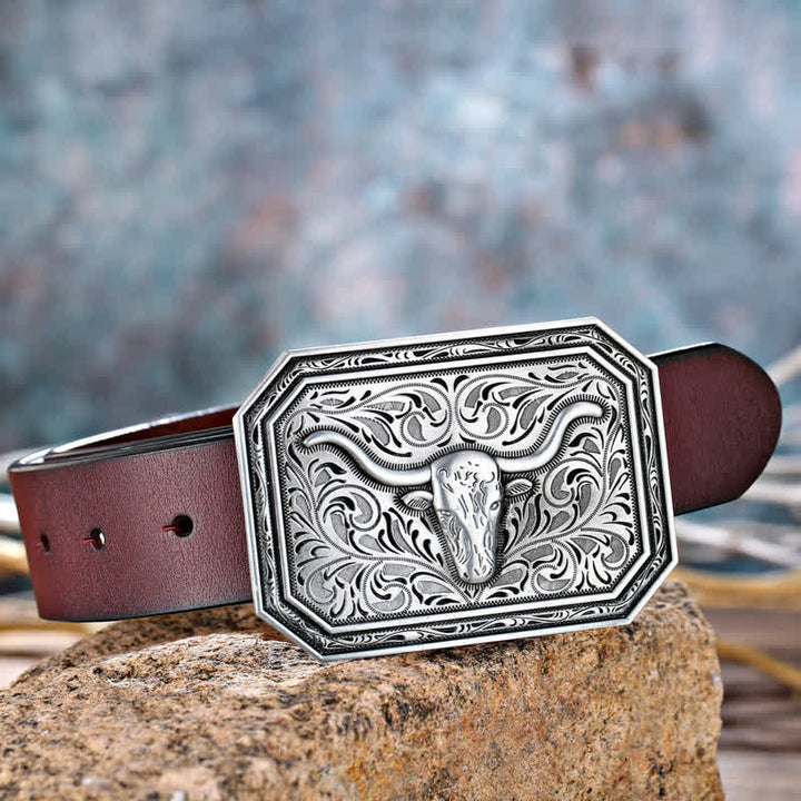 Men's DIY Simple Longhorn Bull Head Buckle Leather Belt - image 1
