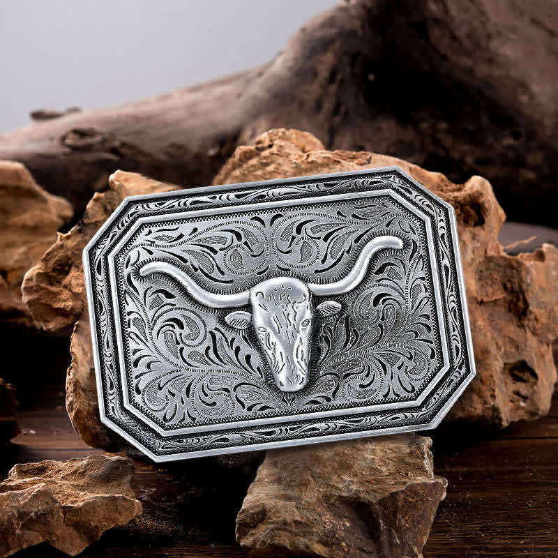 Men's DIY Simple Longhorn Bull Head Buckle Leather Belt - Silver - Without Belt - image 0