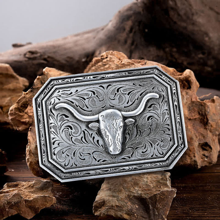Men's DIY Simple Longhorn Bull Head Buckle Leather Belt - Silver - Without Belt - image 0