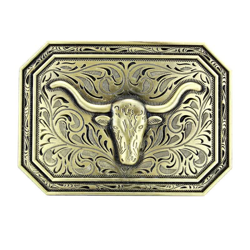Men's DIY Simple Longhorn Bull Head Buckle Leather Belt - Bronze - Without Belt - image 3