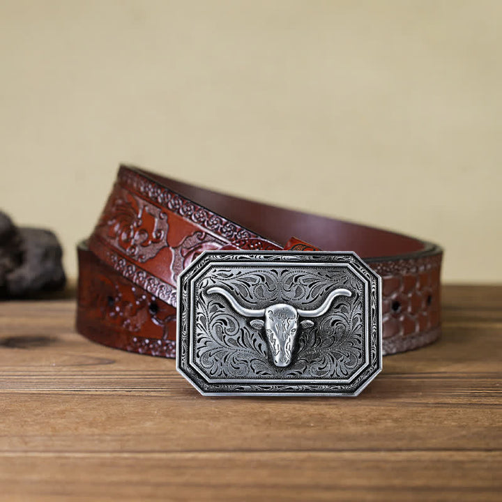 Men's DIY Simple Longhorn Bull Head Buckle Leather Belt - Silver - Brown Carved Belt (40) - image 13