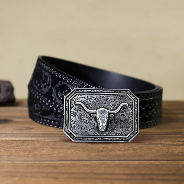 Men's DIY Simple Longhorn Bull Head Buckle Leather Belt - Silver - Black Carved Belt (40) - image 11