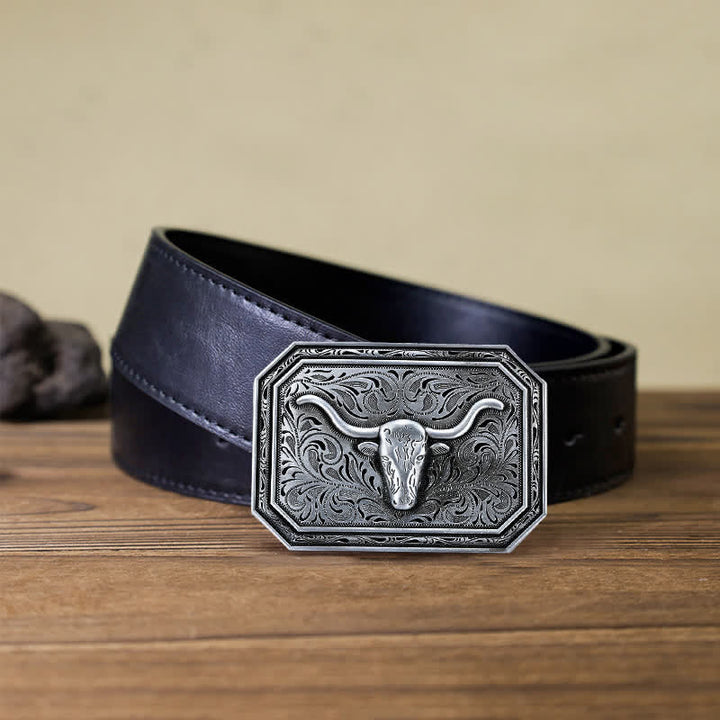 Men's DIY Simple Longhorn Bull Head Buckle Leather Belt - Silver - Black PU Belt (40) - image 5