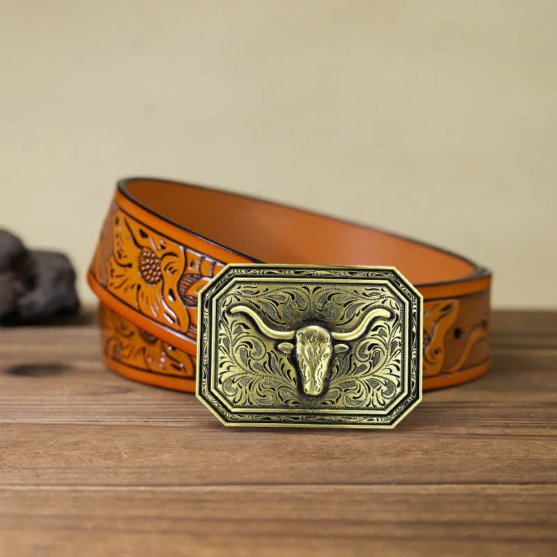 Men's DIY Simple Longhorn Bull Head Buckle Leather Belt - Bronze - Orange Carved Belt (40) - image 18