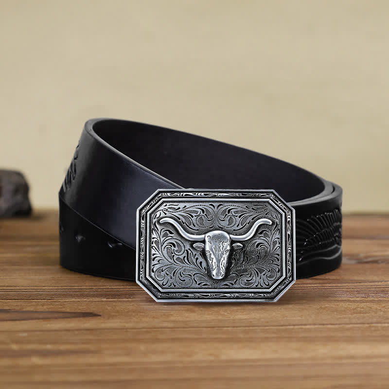 Men's DIY Simple Longhorn Bull Head Buckle Leather Belt - Silver - Black Embossed Eagle Belt (40) - image 7