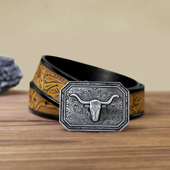 Men's DIY Simple Longhorn Bull Head Buckle Leather Belt - Silver - SandyBrown Belt (40) - image 15