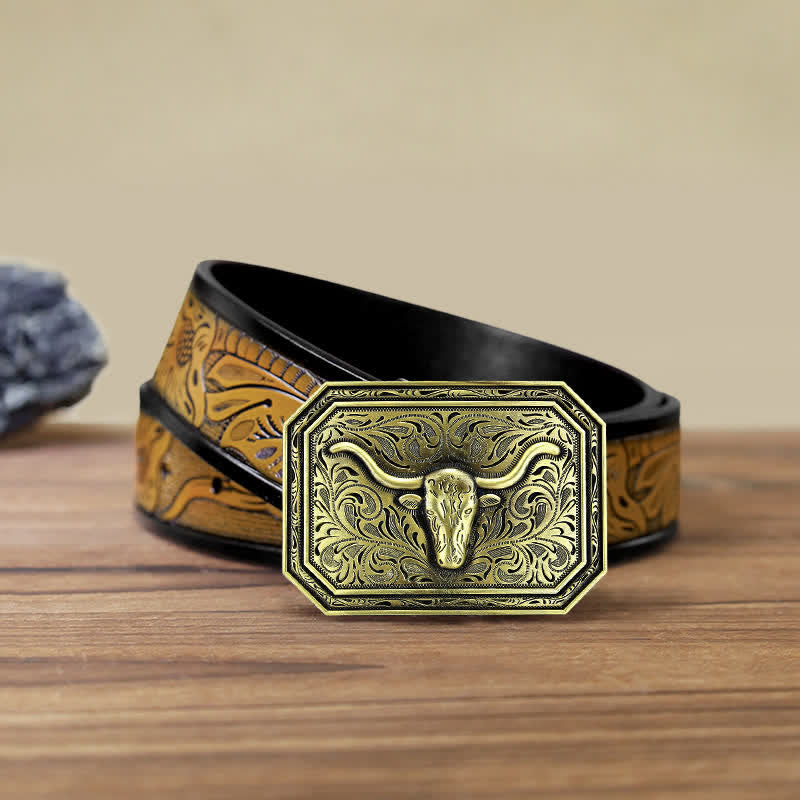 Men's DIY Simple Longhorn Bull Head Buckle Leather Belt - Bronze - SandyBrown Belt (40) - image 16