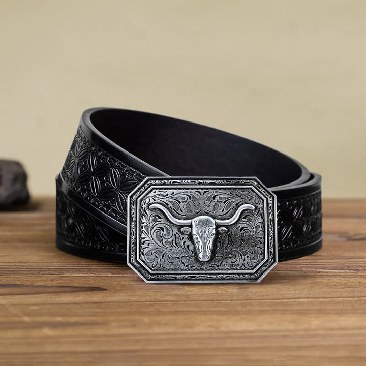 Men's DIY Simple Longhorn Bull Head Buckle Leather Belt - Silver - Black Embossed Weave Belt (40) - image 9