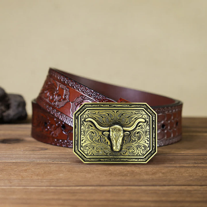 Men's DIY Simple Longhorn Bull Head Buckle Leather Belt - Bronze - Brown Carved Belt (40) - image 14