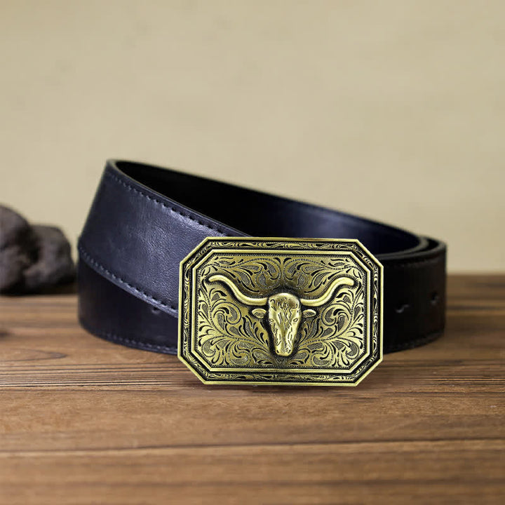 Men's DIY Simple Longhorn Bull Head Buckle Leather Belt - Bronze - Black PU Belt (40) - image 6