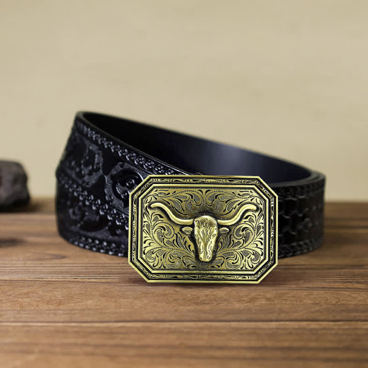 Men's DIY Simple Longhorn Bull Head Buckle Leather Belt - Bronze - Black Carved Belt (40) - image 12