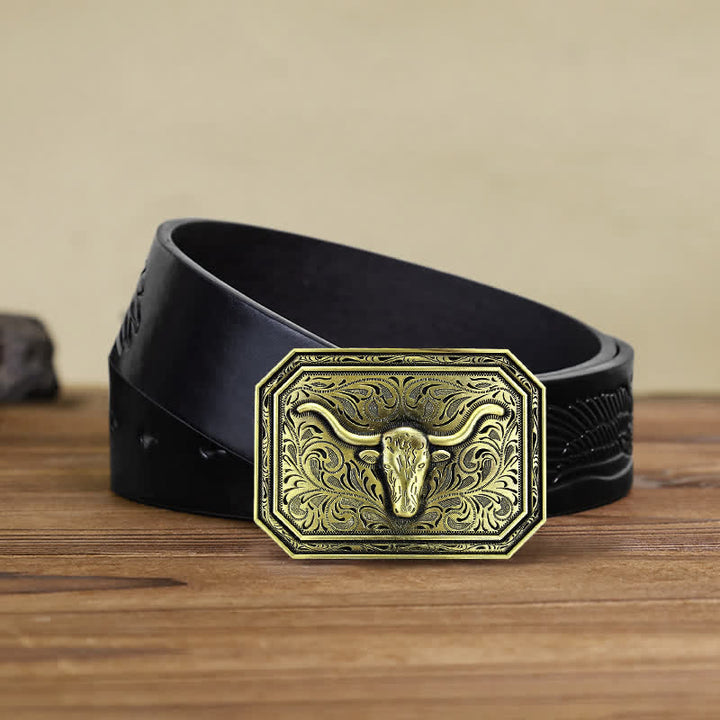 Men's DIY Simple Longhorn Bull Head Buckle Leather Belt - Bronze - Black Embossed Eagle Belt (40) - image 8
