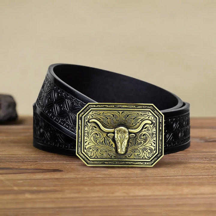 Men's DIY Simple Longhorn Bull Head Buckle Leather Belt - Bronze - Black Embossed Weave Belt (40) - image 10