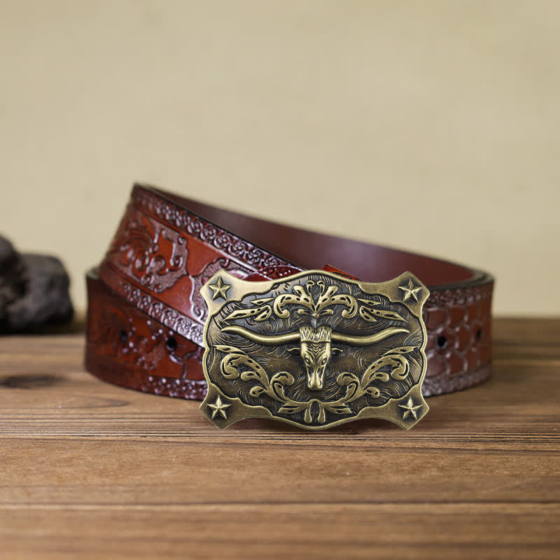 Men's DIY Square Western Bull Head Buckle Leather Belt - Bull Head - Brown Carved Belt (40) - image 13
