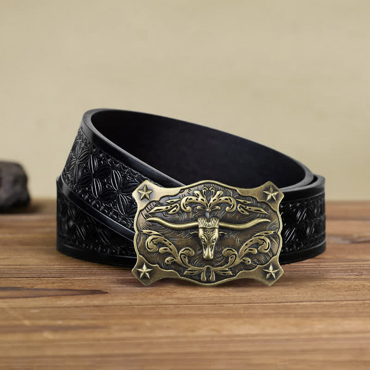 Men's DIY Square Western Bull Head Buckle Leather Belt - Bull Head - Black Embossed Weave Belt (40) - image 9