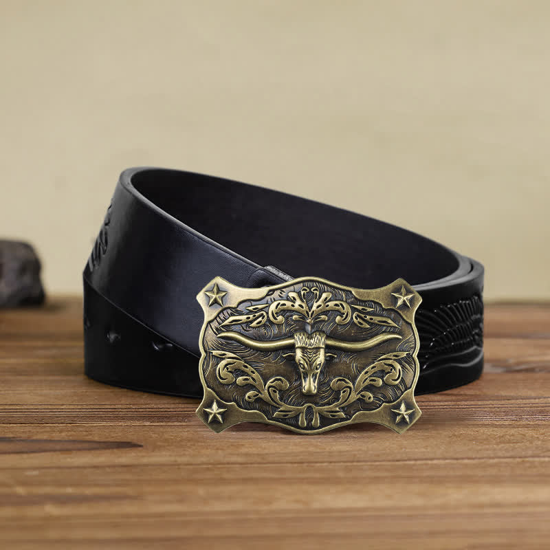 Men's DIY Square Western Bull Head Buckle Leather Belt - Bull Head - Black Embossed Eagle Belt (40) - image 7