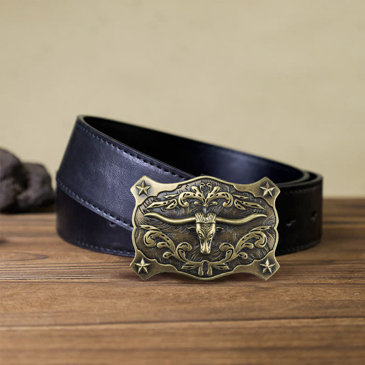 Men's DIY Square Western Bull Head Buckle Leather Belt - Bull Head - Black PU Belt (40) - image 5