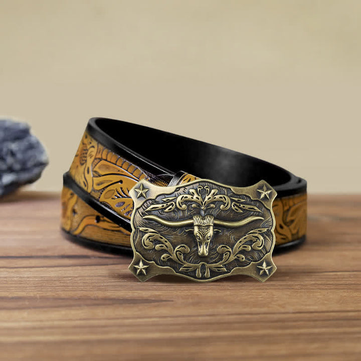 Men's DIY Square Western Bull Head Buckle Leather Belt - Bull Head - SandyBrown Belt (40) - image 15