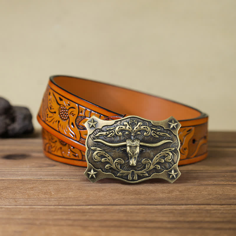 Men's DIY Square Western Bull Head Buckle Leather Belt - Bull Head - Orange Carved Belt (40) - image 17