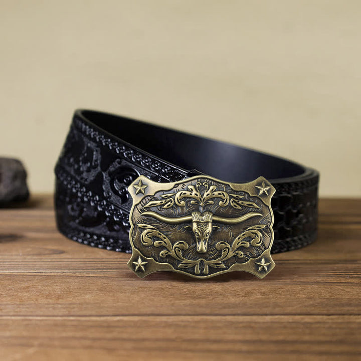 Men's DIY Square Western Bull Head Buckle Leather Belt - Bull Head - Black Carved Belt (40) - image 11