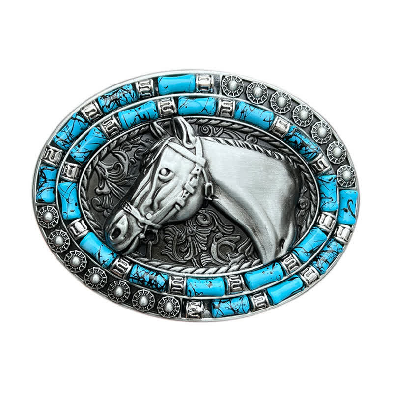 Men's DIY Horse Head Turquoise Buckle Leather Belt - image 1