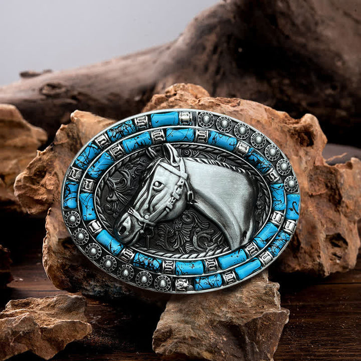 Men's DIY Horse Head Turquoise Buckle Leather Belt - Silver - Without Belt - image 0