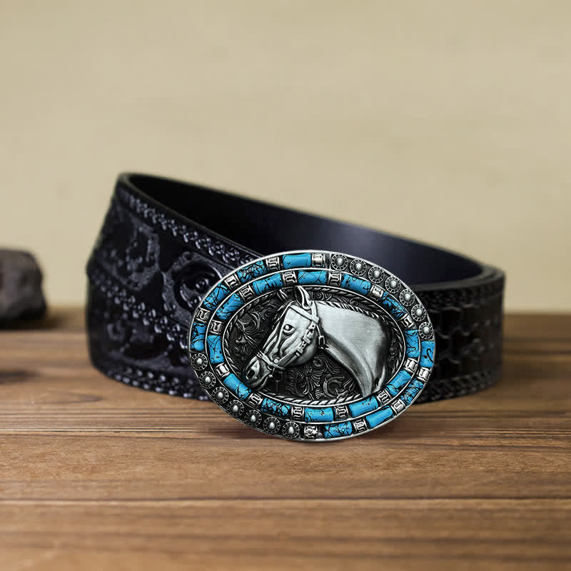 Men's DIY Horse Head Turquoise Buckle Leather Belt - Silver - Black Carved Belt (40) - image 11