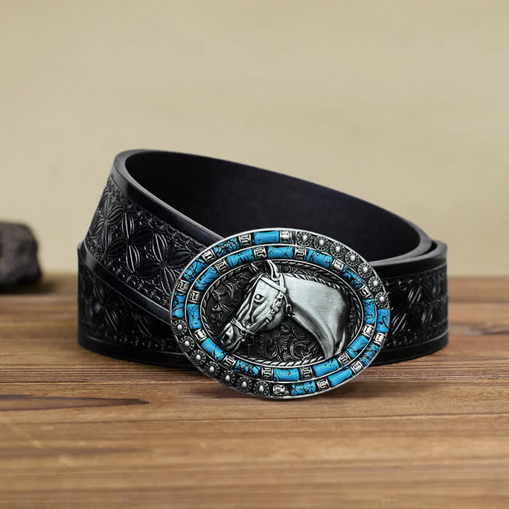 Men's DIY Horse Head Turquoise Buckle Leather Belt - Silver - Black Embossed Weave Belt (40) - image 9