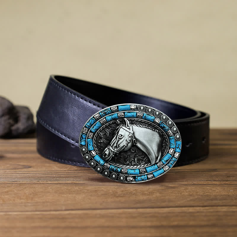 Men's DIY Horse Head Turquoise Buckle Leather Belt - Silver - Black PU Belt (40) - image 5