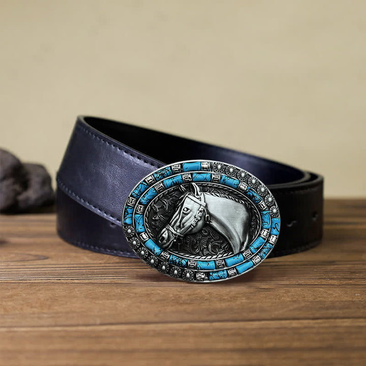 Men's DIY Horse Head Turquoise Buckle Leather Belt - Silver - Black PU Belt (40) - image 5