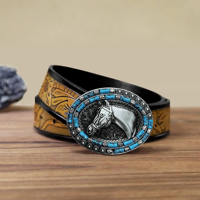 Men's DIY Horse Head Turquoise Buckle Leather Belt - Silver - SandyBrown Belt (40) - image 15