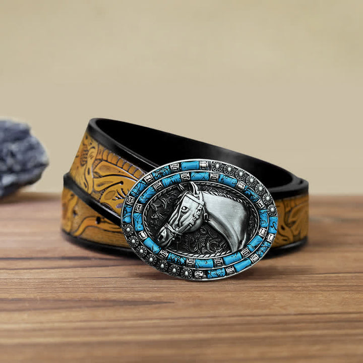 Men's DIY Horse Head Turquoise Buckle Leather Belt - Silver - SandyBrown Belt (40) - image 15