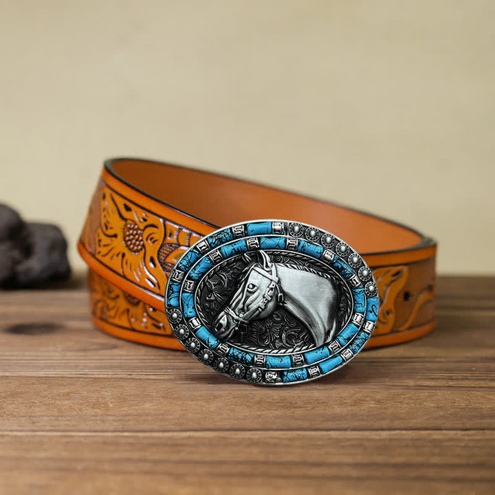 Men's DIY Horse Head Turquoise Buckle Leather Belt - Silver - Orange Carved Belt (40) - image 17
