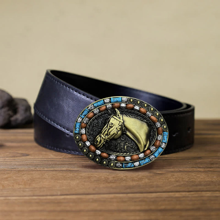 Men's DIY Horse Head Turquoise Buckle Leather Belt - Bronze - Black PU Belt (40) - image 6