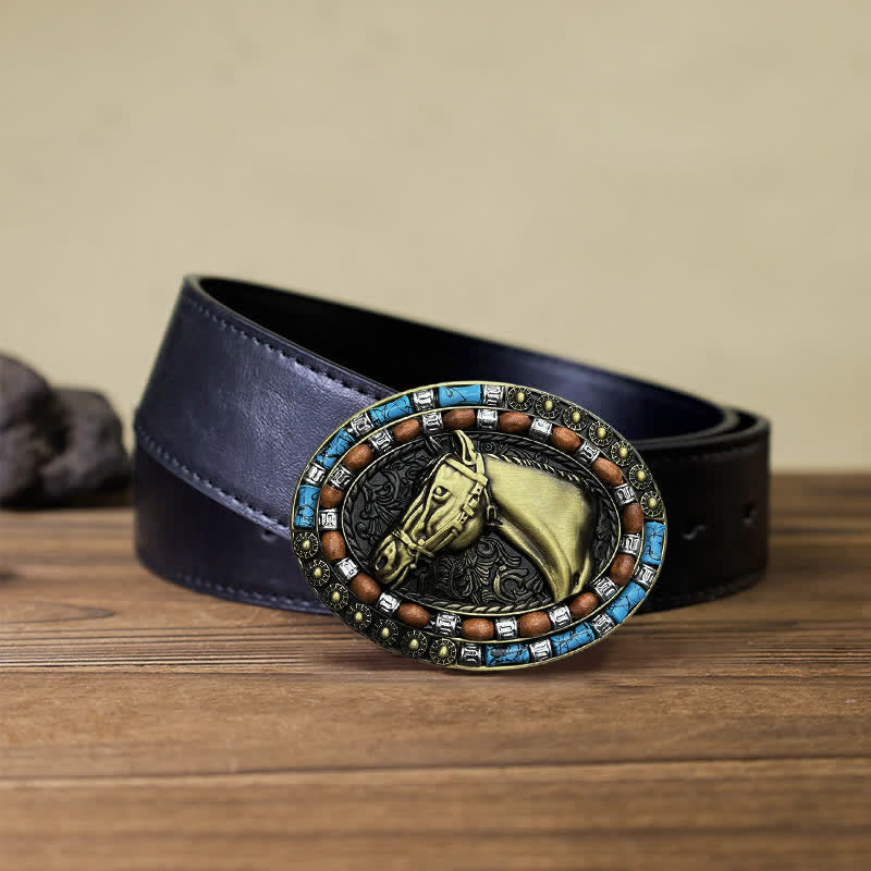 Men's DIY Horse Head Turquoise Buckle Leather Belt - Bronze - Black PU Belt (40) - image 6