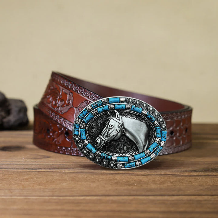 Men's DIY Horse Head Turquoise Buckle Leather Belt - Silver - Brown Carved Belt (40) - image 13